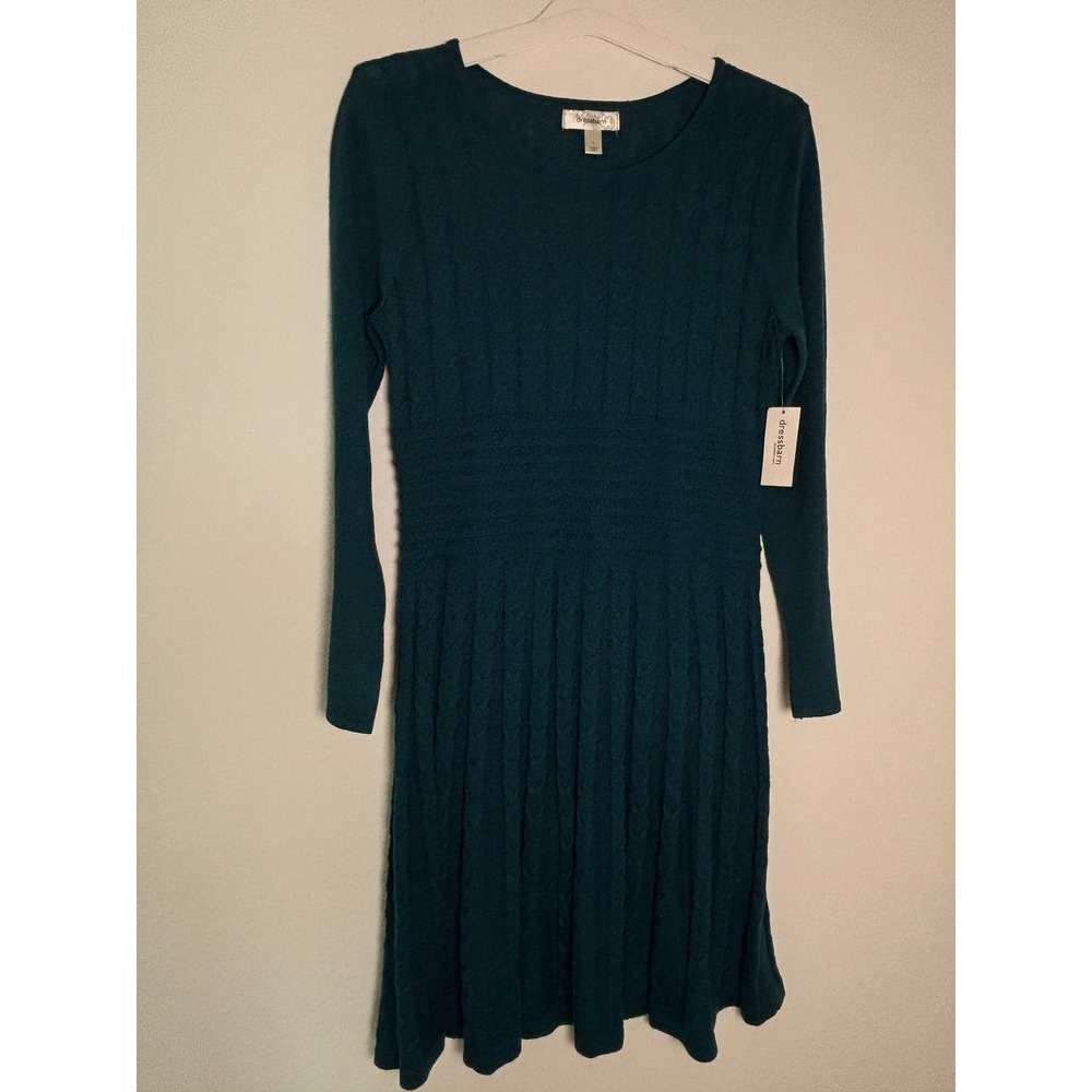 Dressbarn Teal Green Cable Knit Sweater Dress Long Sleeve Fit Flare Crew Neck L